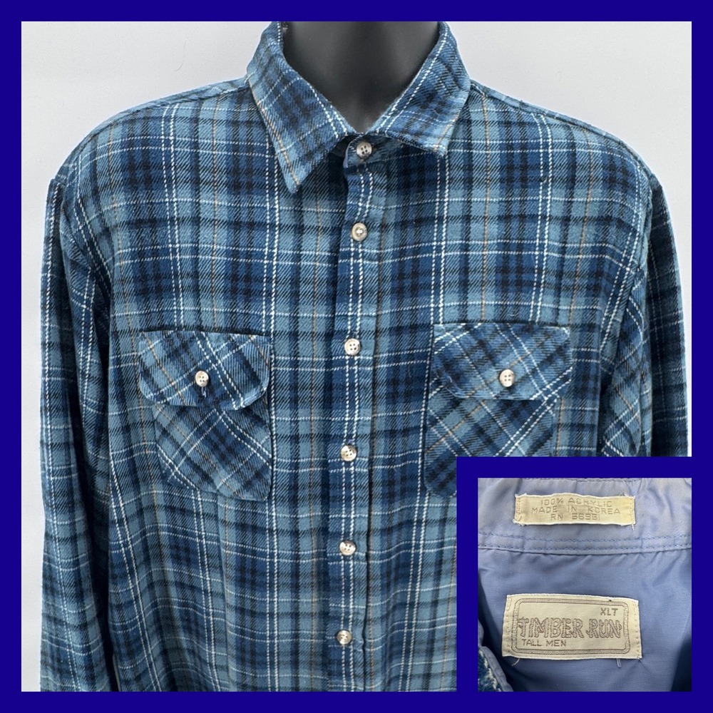 Timber Run Tall Men XLT Blue Plaid Flannel Button Up Shirt Acrylic‎